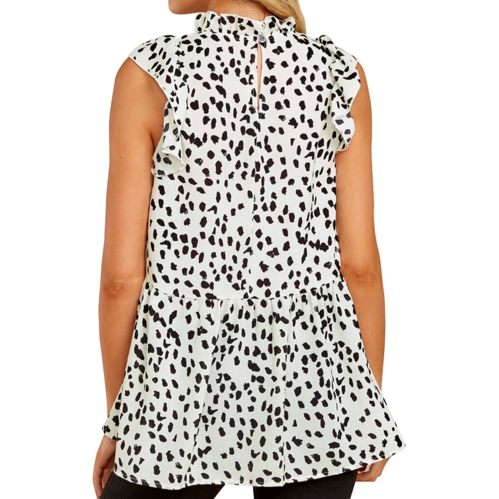 ENTRO • Ruffled Sleeve Button Closure Polka Dots Leopard Printed Pleated Shirt - Picture 4 of 7